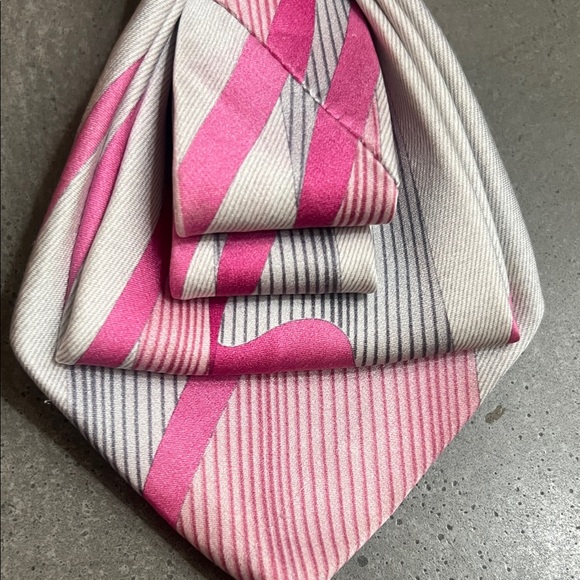 Pink and Gray Striped Necktie Necklace with Gold Chain and cherry brooch - Picture 3 of 3